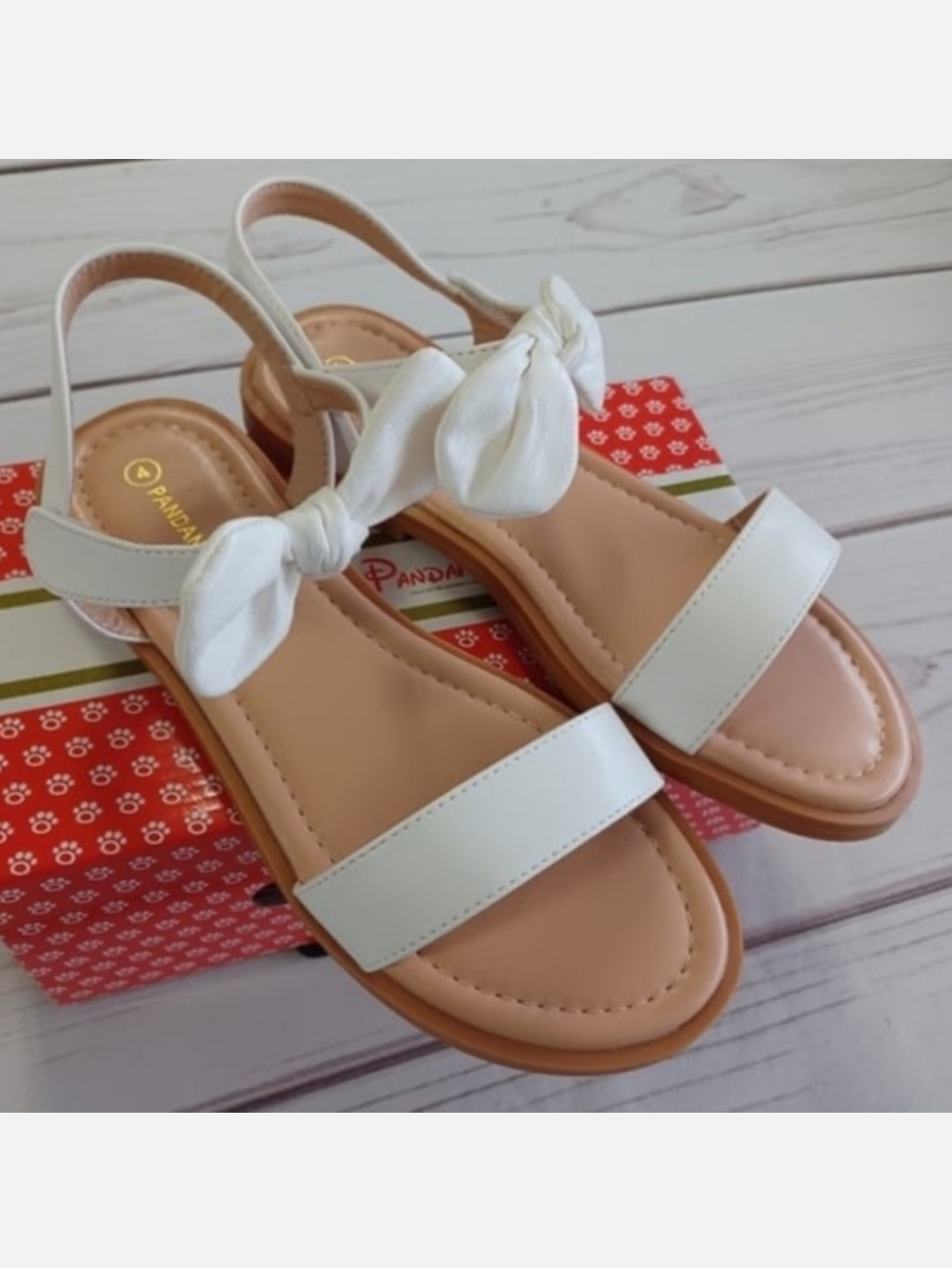 PANDANINJA Ella Girls Size 4 White Bow Dressy Neutral Spring Summer Sandal Shoes